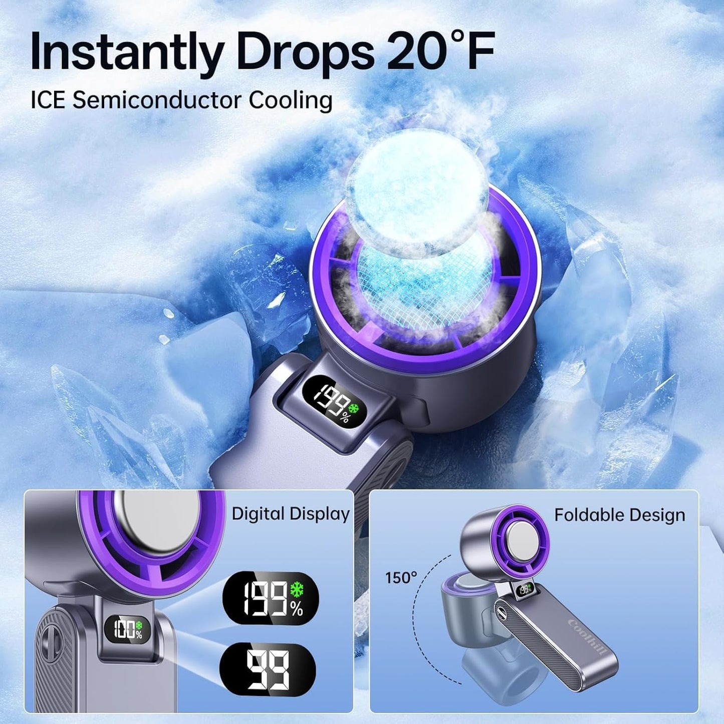 Coolhill Handheld Portable fan with Turbo Cooling - Hand Held Fan Rechargeable, 1-199 Speeds, Up to 12Hrs Battery Life, Powerful Mini Personal fan for Travel, Outdoor, Beach & Makeup