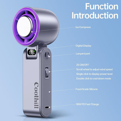 Coolhill Handheld Portable fan with Turbo Cooling - Hand Held Fan Rechargeable, 1-199 Speeds, Up to 12Hrs Battery Life, Powerful Mini Personal fan for Travel, Outdoor, Beach & Makeup