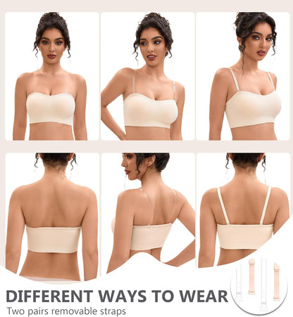 YHGV Strapless Bras for Women-Push-Up Non-Slip Bandeau Bra,Seamless Wirefree Padded Tube Top Convertible Straps