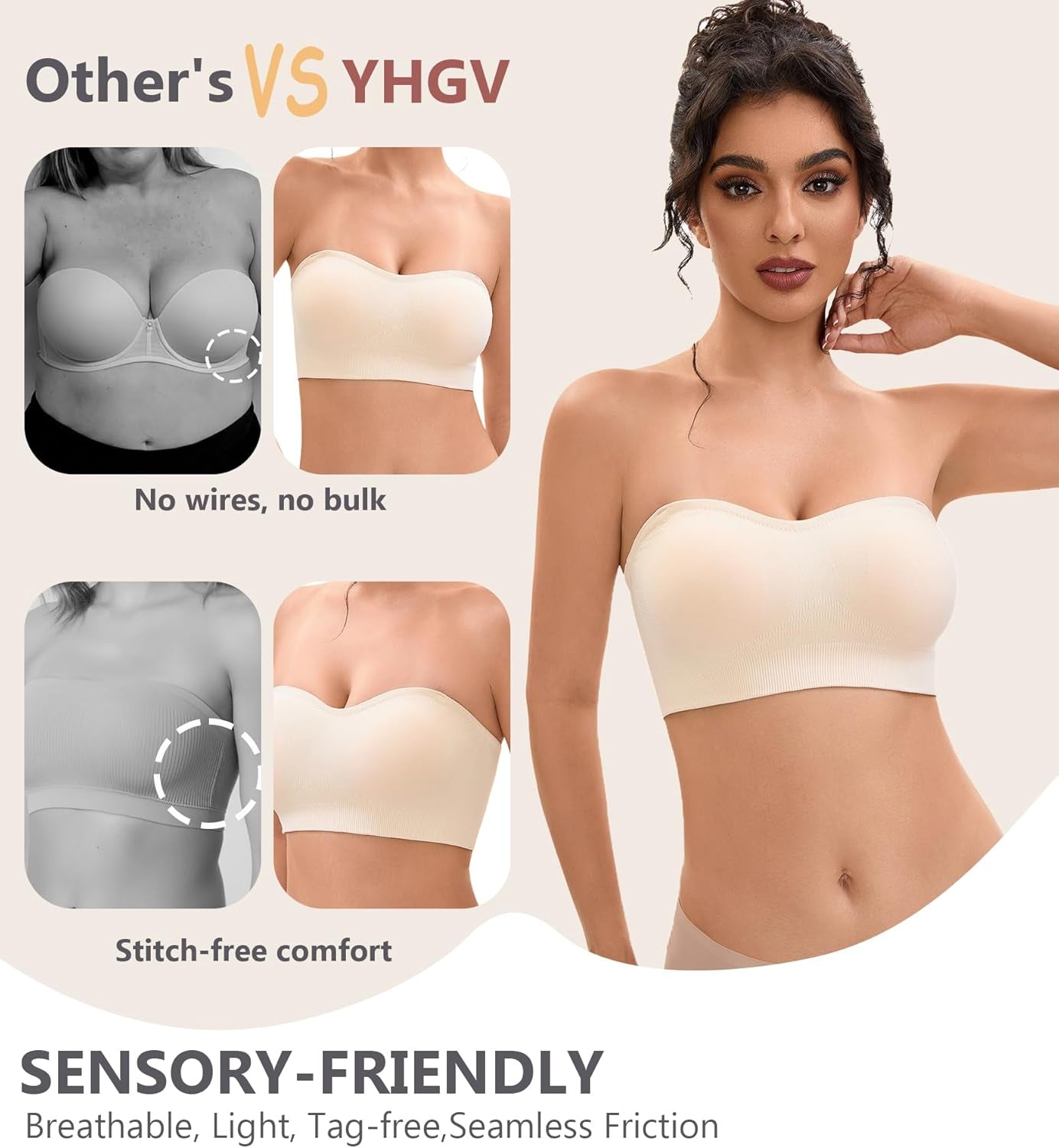 YHGV Strapless Bras for Women-Push-Up Non-Slip Bandeau Bra,Seamless Wirefree Padded Tube Top Convertible Straps
