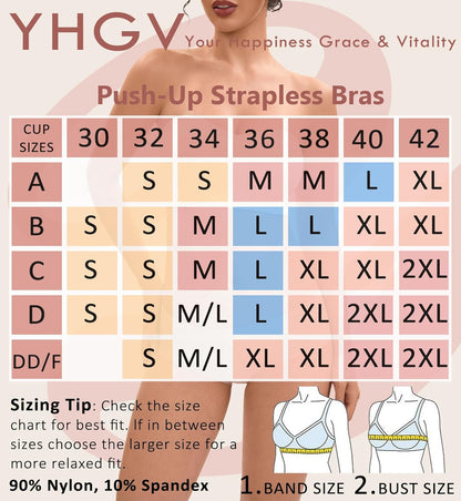YHGV Strapless Bras for Women-Push-Up Non-Slip Bandeau Bra,Seamless Wirefree Padded Tube Top Convertible Straps