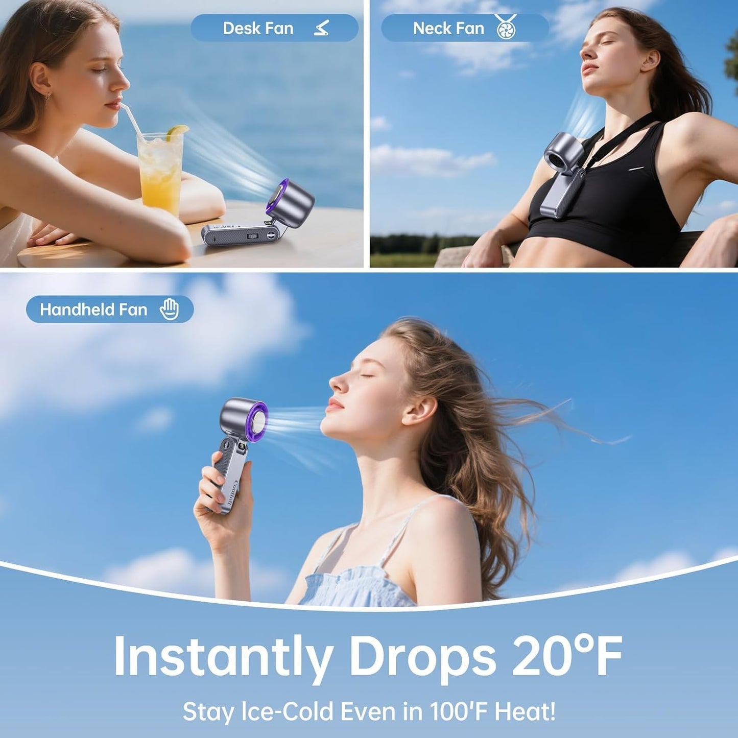 Coolhill Handheld Portable fan with Turbo Cooling - Hand Held Fan Rechargeable, 1-199 Speeds, Up to 12Hrs Battery Life, Powerful Mini Personal fan for Travel, Outdoor, Beach & Makeup