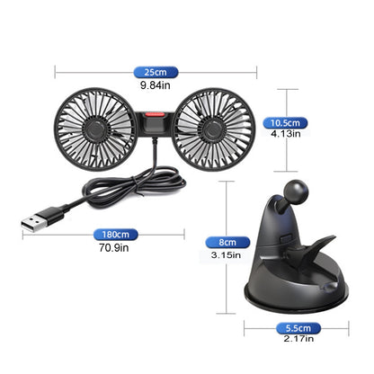 Car Fan Portable Dual Head Electric Vehicle Mounted USB 360 Degree Rotation Auto Cooling Fan 3 Speed Strong Wind Desk Fan for Dashboard SUV RV Truck Sedan Home Office
