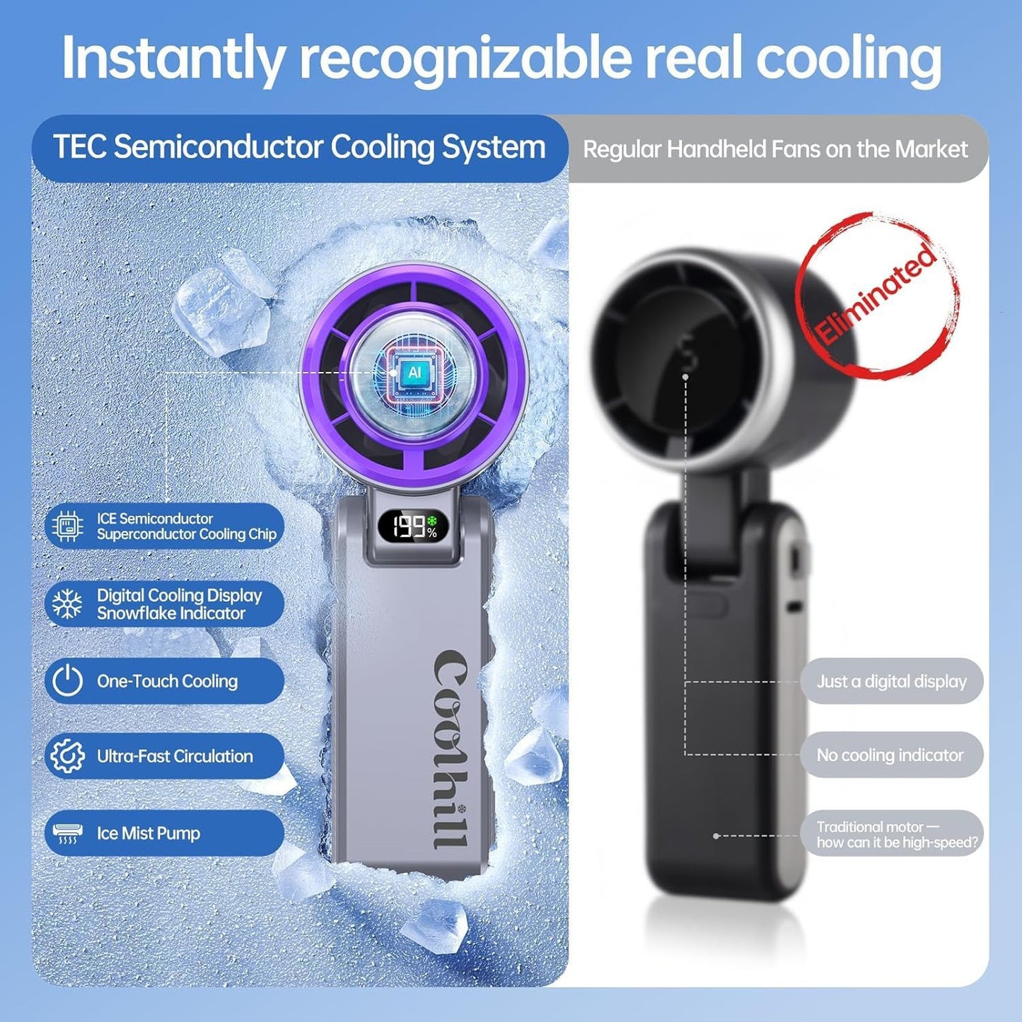 Coolhill Handheld Portable fan with Turbo Cooling - Hand Held Fan Rechargeable, 1-199 Speeds, Up to 12Hrs Battery Life, Powerful Mini Personal fan for Travel, Outdoor, Beach & Makeup