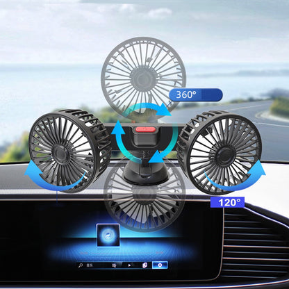 Car Fan Portable Dual Head Electric Vehicle Mounted USB 360 Degree Rotation Auto Cooling Fan 3 Speed Strong Wind Desk Fan for Dashboard SUV RV Truck Sedan Home Office